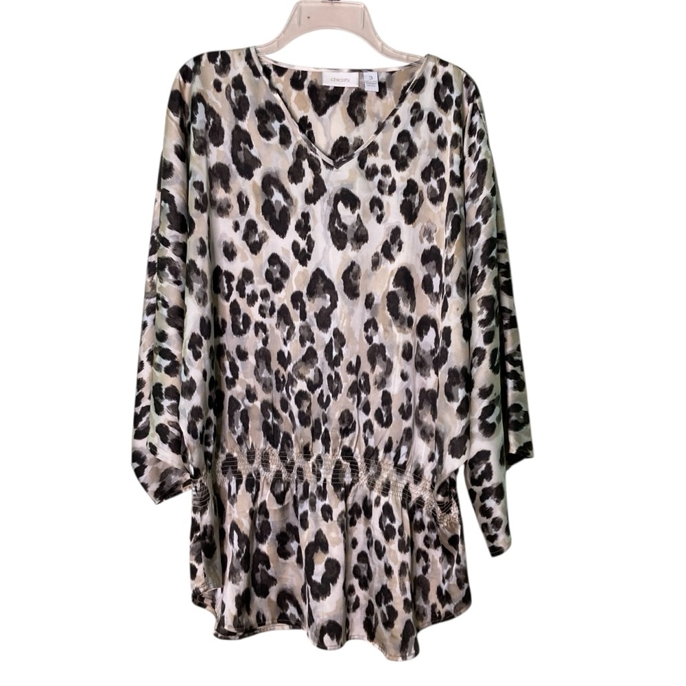 Chico's Satin V-Neck Leopard Print Blouse Elastic Waist Dolman Sleeve (Size 3)